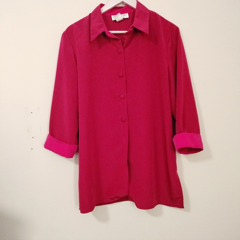 Brownstone Studio Women's Pink Fushia Button-Up Blouse 3/4 Sleeves Lg